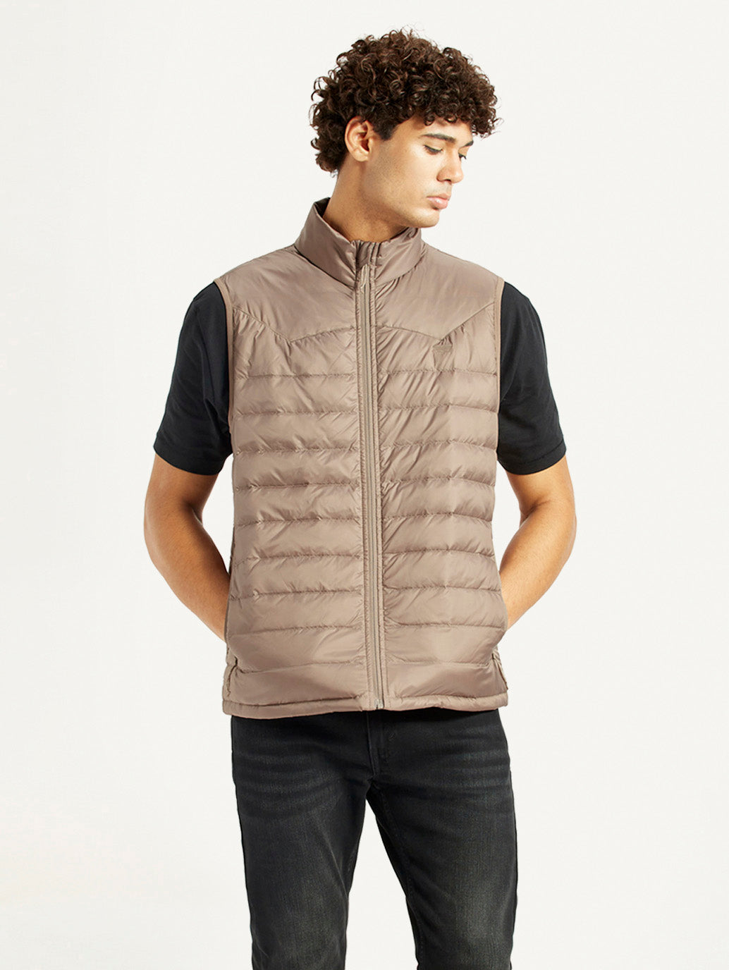 Men's Quilted Taupe Slim Fit Puffer Jacket