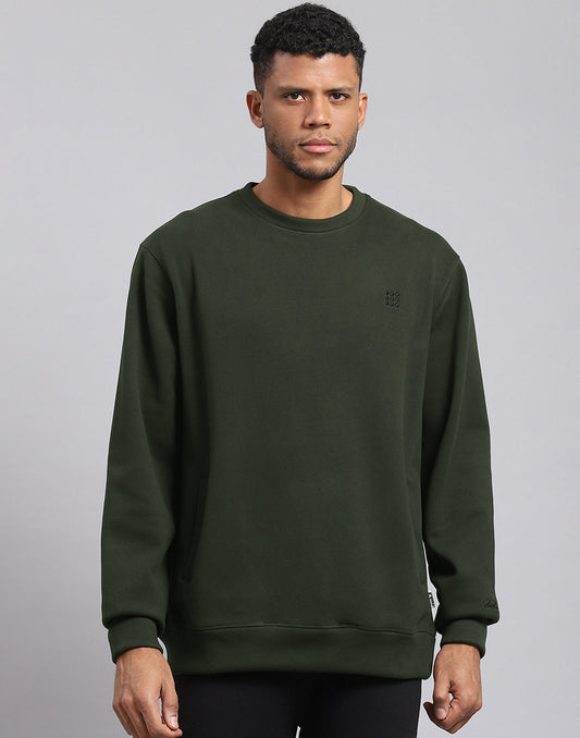 Rock.it Men Olive Solid Round Neck Full Sleeve Sweatshirt