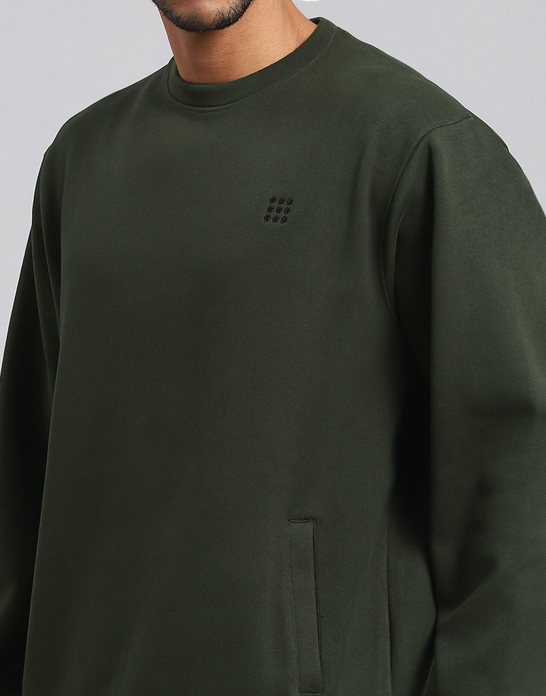 Rock.it Men Olive Solid Round Neck Full Sleeve Sweatshirt