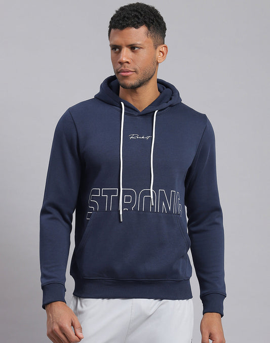 Rock.it Men Navy Blue Printed Hooded Full Sleeve Sweatshirt