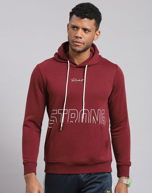 Rock.it Men Maroon Printed Hooded Full Sleeve Sweatshirt