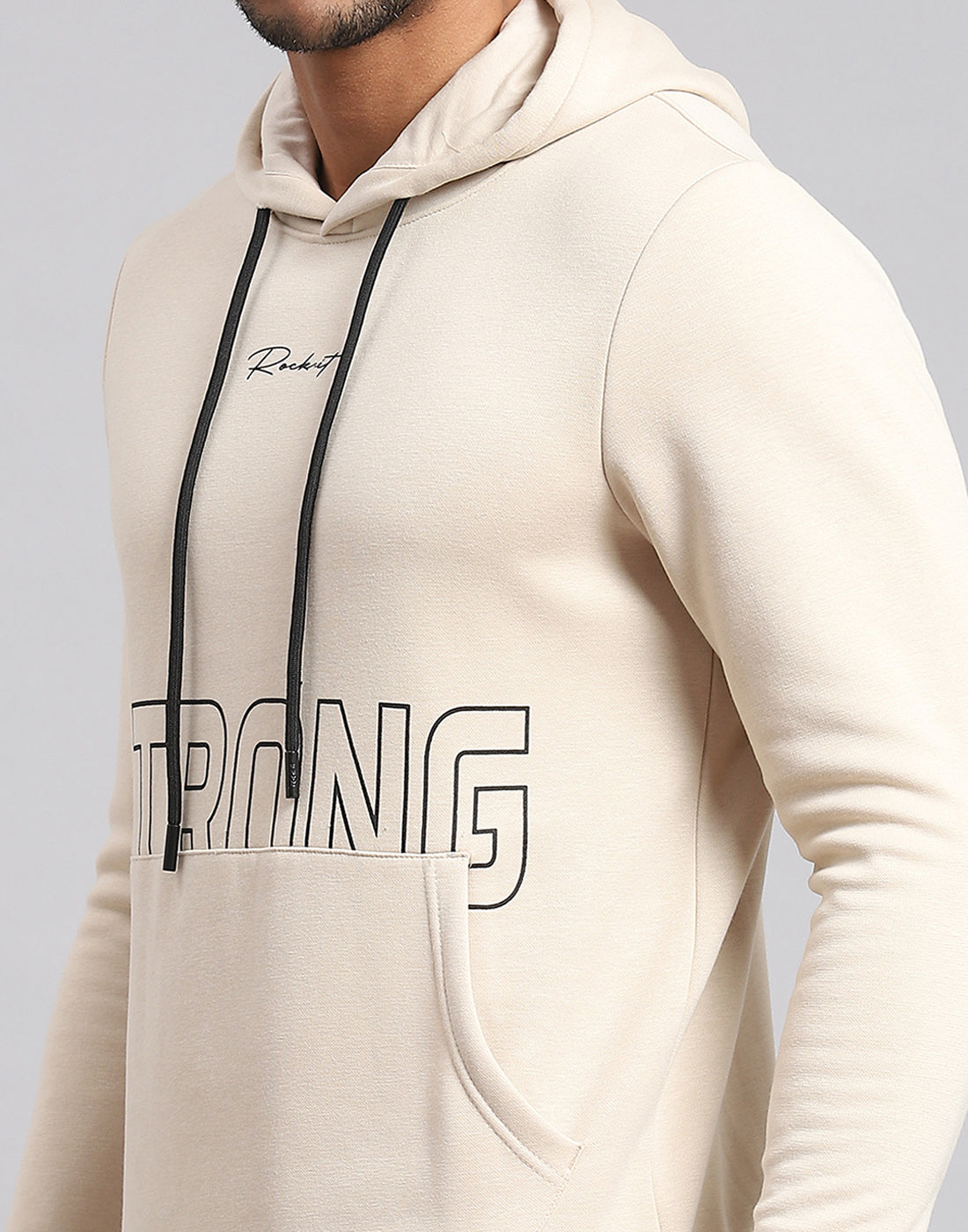 Rock.it Men Cream Printed Hooded Full Sleeve Sweatshirt