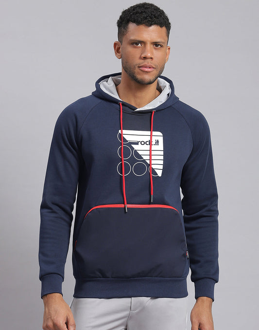 Rock.it Men Navy Blue Printed Hooded Full Sleeve Sweatshirt