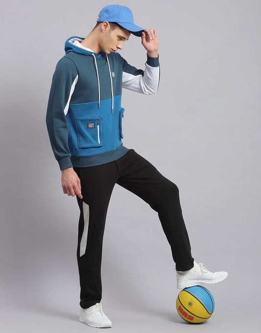 Rock.it Men Turquoise Blue Solid Hooded Full Sleeve Sweatshirt
