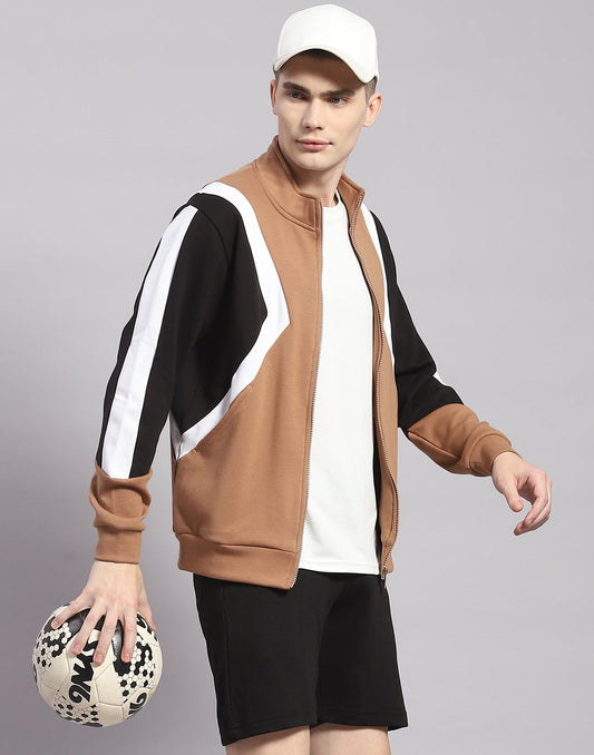 Rock.it Men Camel Brown Solid T Neck Full Sleeve Sweatshirt
