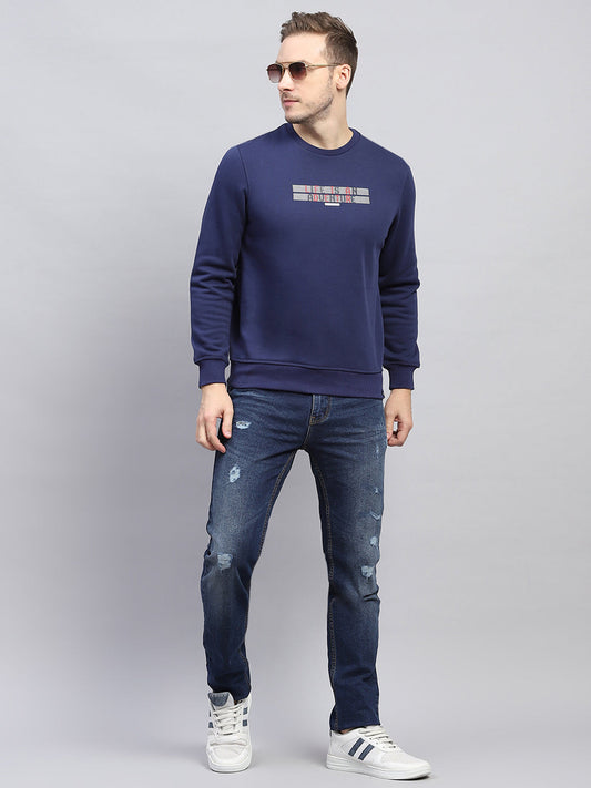 Men Blue Printed Round Neck Full Sleeve Sweatshirt