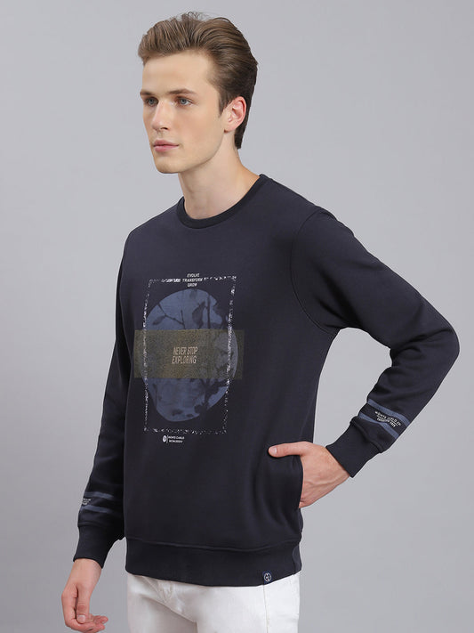 Men Navy Blue Printed Round Neck Full Sleeve Sweatshirt