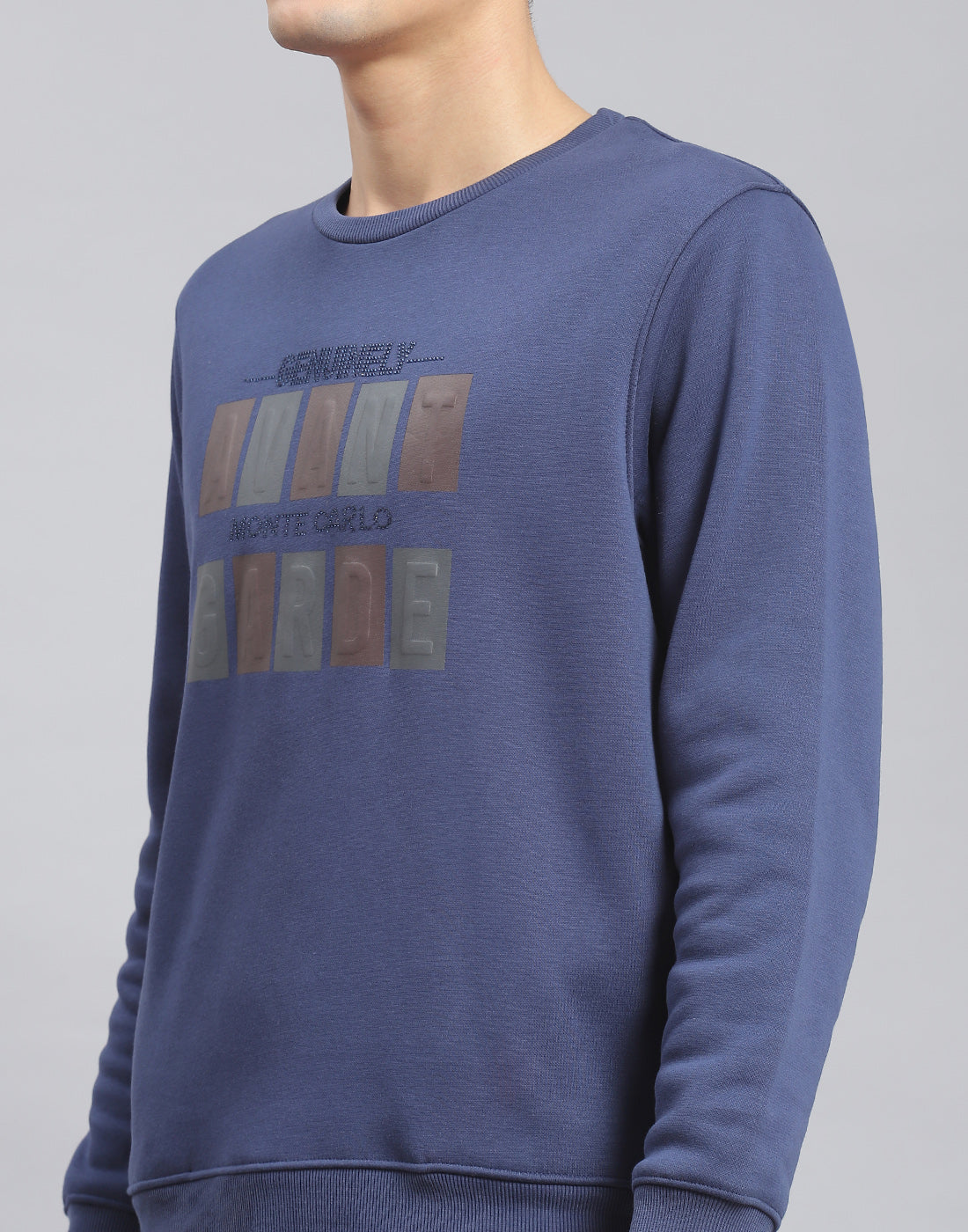 Men Blue Printed Round Neck Full Sleeve Sweatshirt