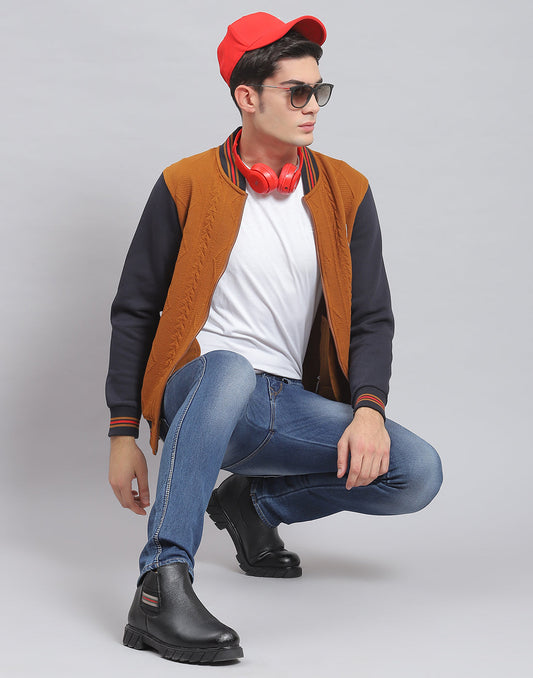 Men Brown Solid Mandarin Collar Full Sleeve Sweatshirt