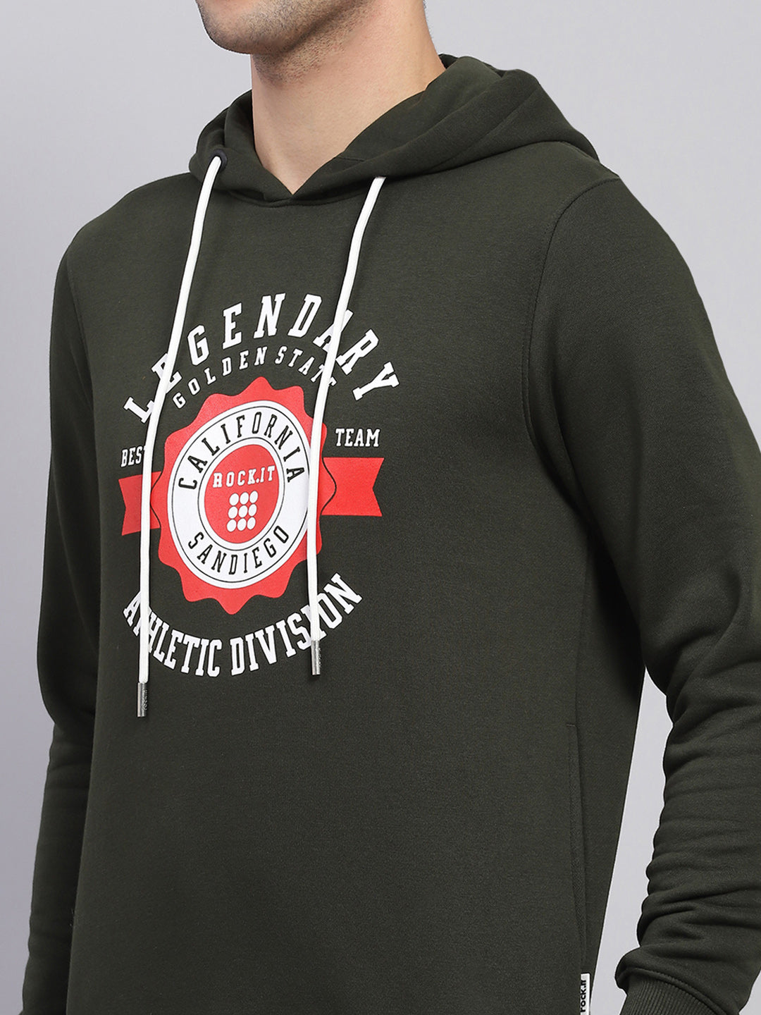 Rock.it Men Olive Printed Hooded Full Sleeve Sweatshirt