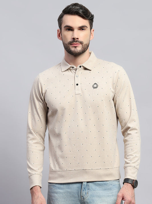 Men Beige Printed Collar Full Sleeve Sweatshirt