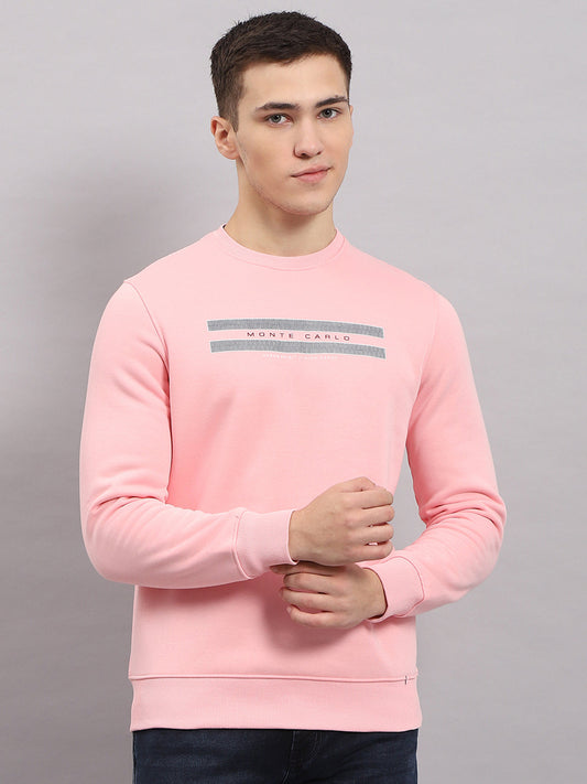 Men Pink Printed Round Neck Full Sleeve Sweatshirt