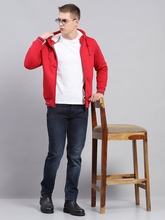 Men Red Solid Hooded Full Sleeve Sweatshirt