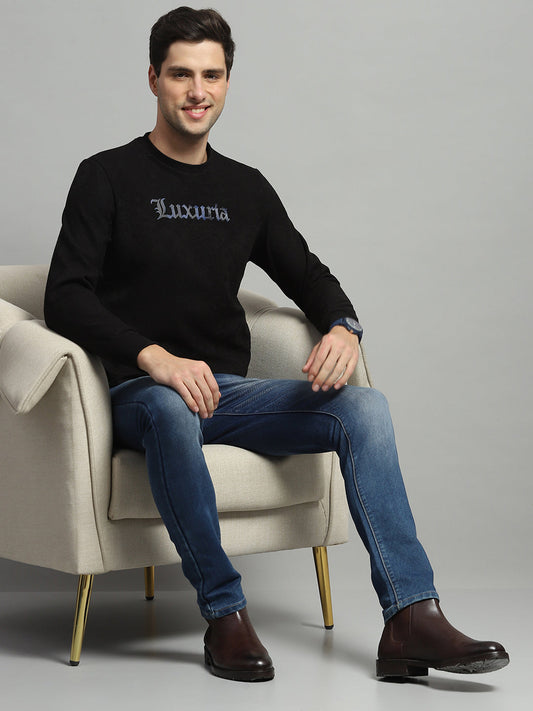 Men Black Printed Round Neck Full Sleeve Sweatshirt