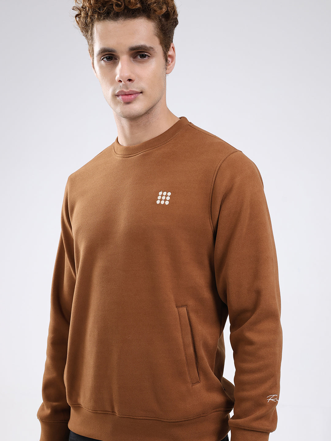 Rock.it Men Brown Solid Round Neck Full Sleeve Sweatshirt