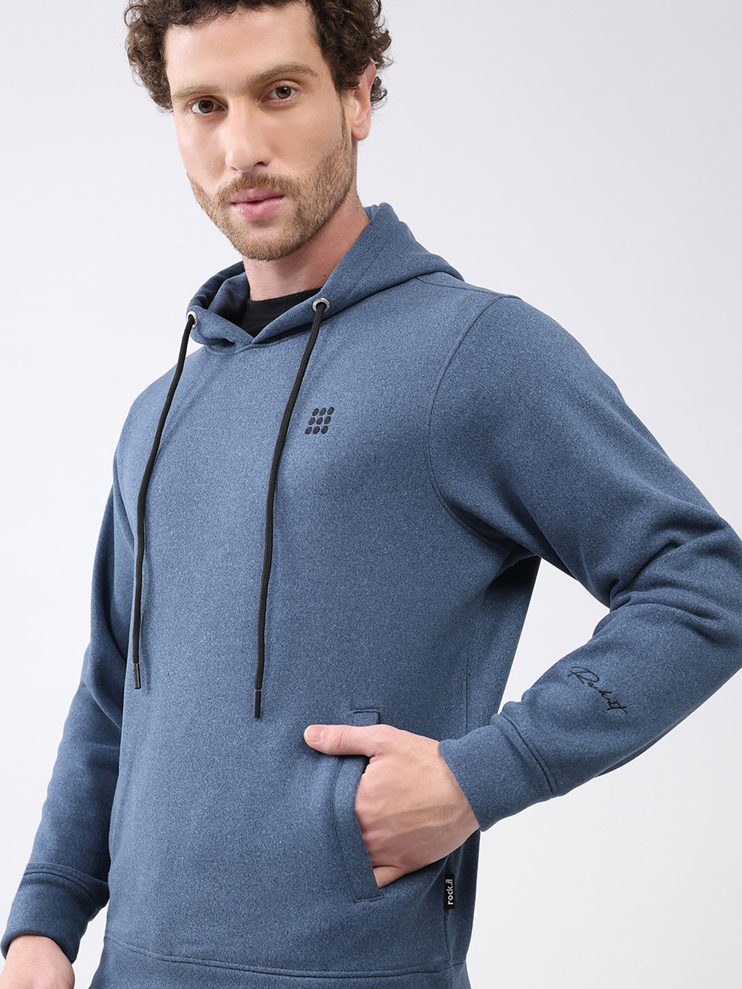 Rock.it Men Blue Solid Hooded Full Sleeve Sweatshirt