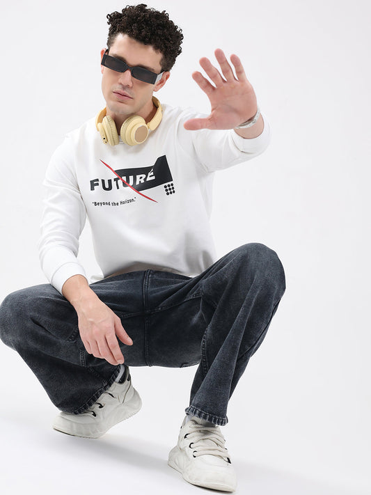 Rock.it Men White Printed Round Neck Full Sleeve Sweatshirt