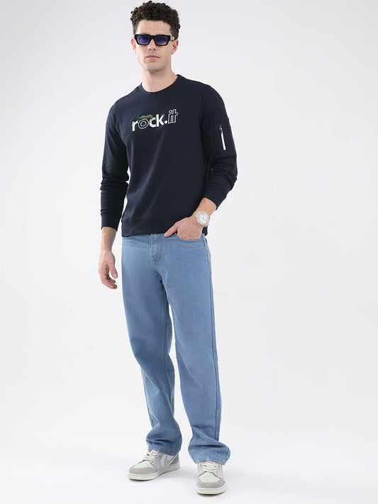 Rock.it Men Navy Blue Embroidered Round Neck Full Sleeve Sweatshirt