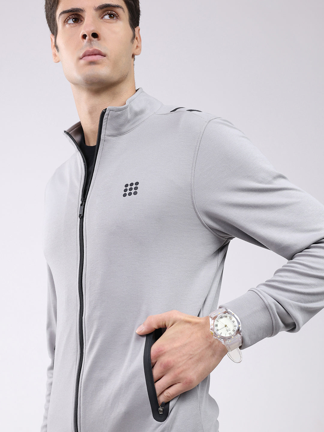 Rock.it Men Grey Solid Mock Neck Full Sleeve Sweatshirt