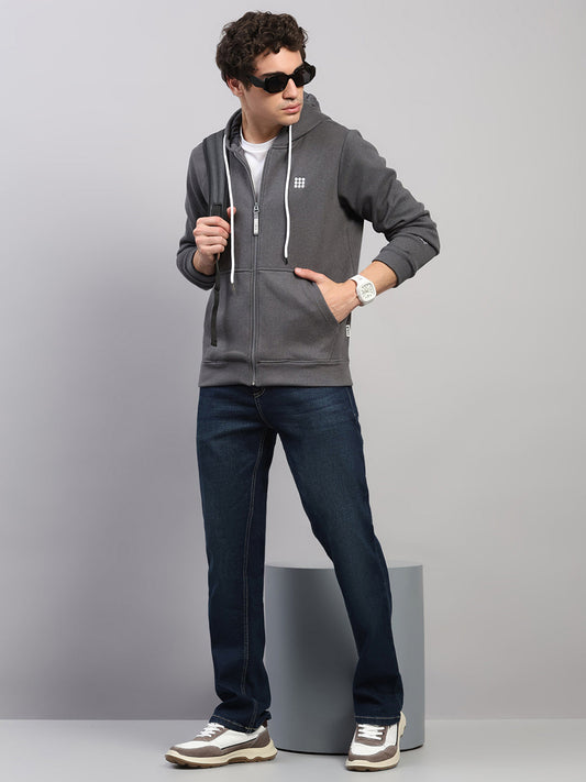 Rock.it Men Grey Solid Hooded Full Sleeve Sweatshirt