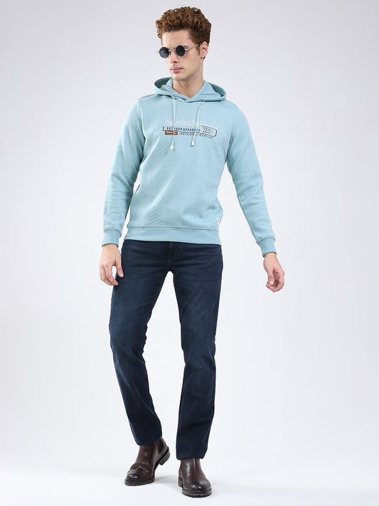 Men Blue Printed Hooded Full Sleeve Sweatshirt