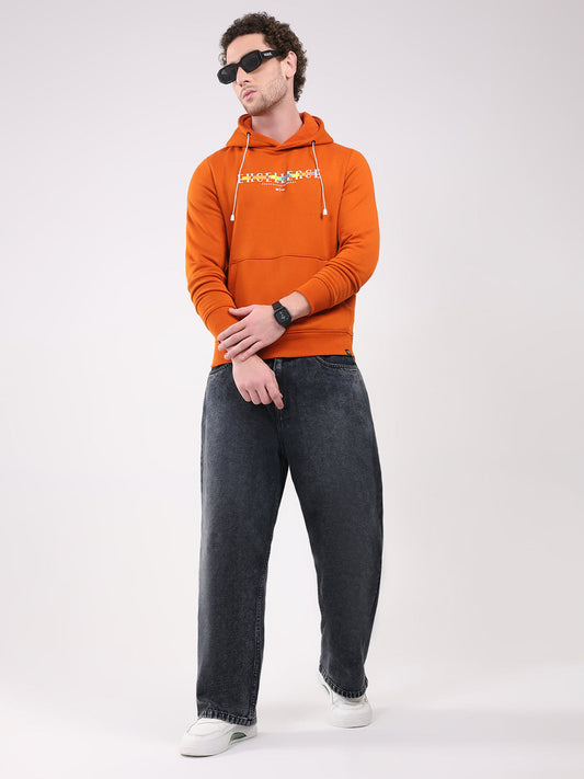 Men Orange Printed Hooded Full Sleeve Sweatshirt