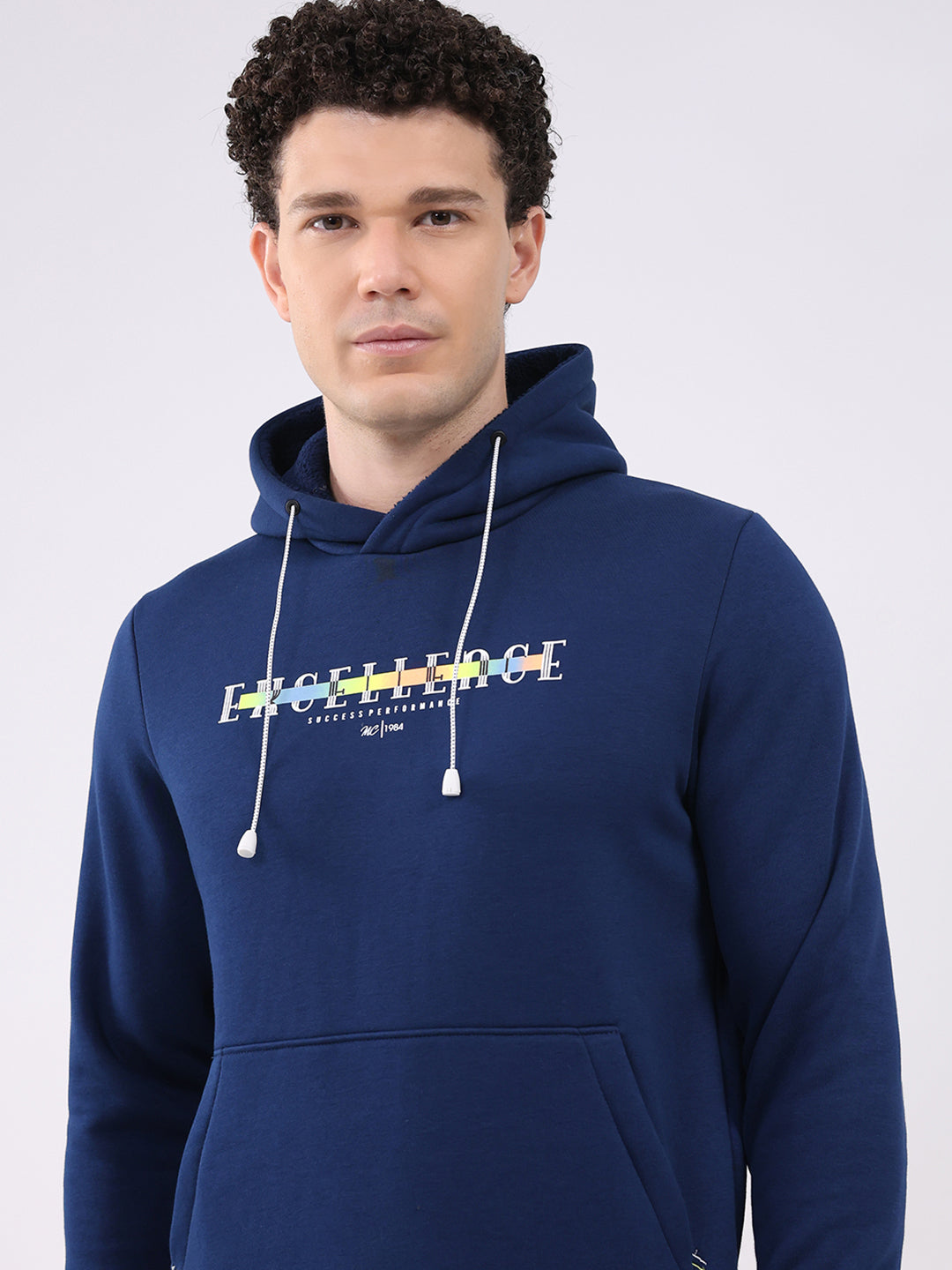 Men Navy Blue Printed Hooded Full Sleeve Sweatshirt