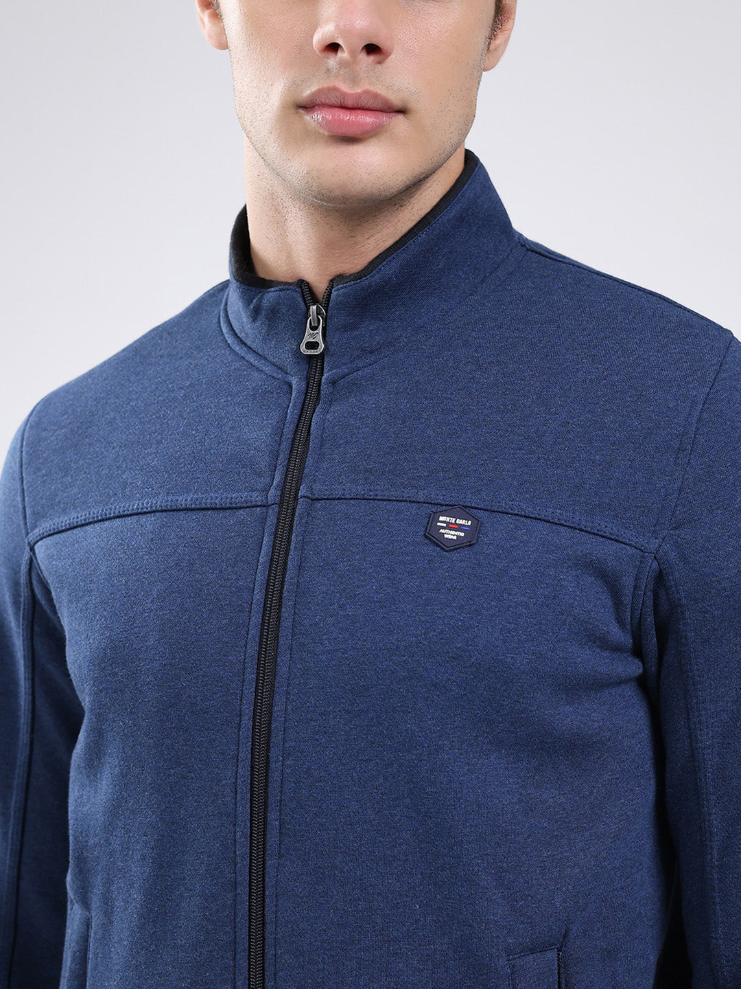 Men Blue Solid Mock Neck Full Sleeve Sweatshirt