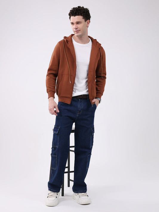 Men Brown Solid Hooded Full Sleeve Sweatshirt