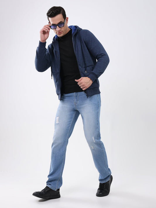 Men Navy Blue Solid Hooded Full Sleeve Sweatshirt