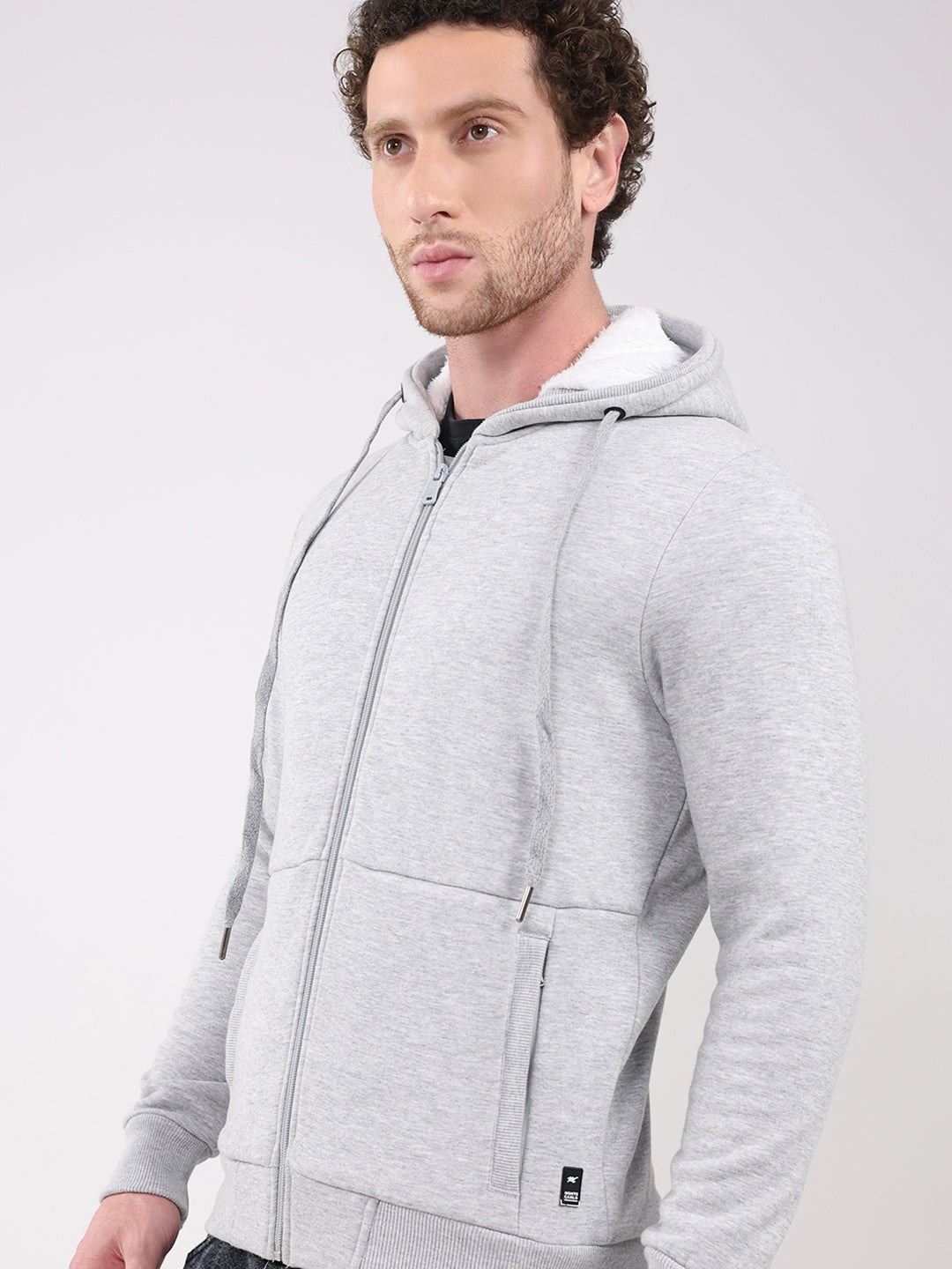 Men Grey Solid Hooded Full Sleeve Sweatshirt