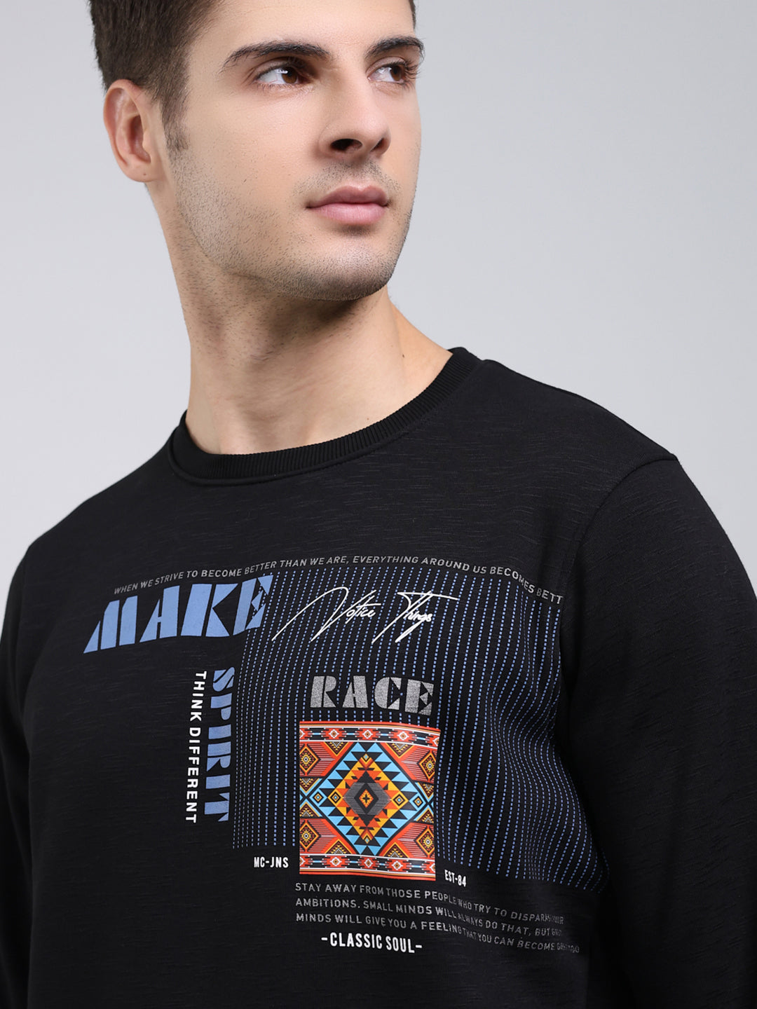 Men Black Printed Round Neck Full Sleeve Sweatshirt
