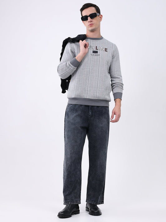 Men Grey Printed Round Neck Full Sleeve Sweatshirt