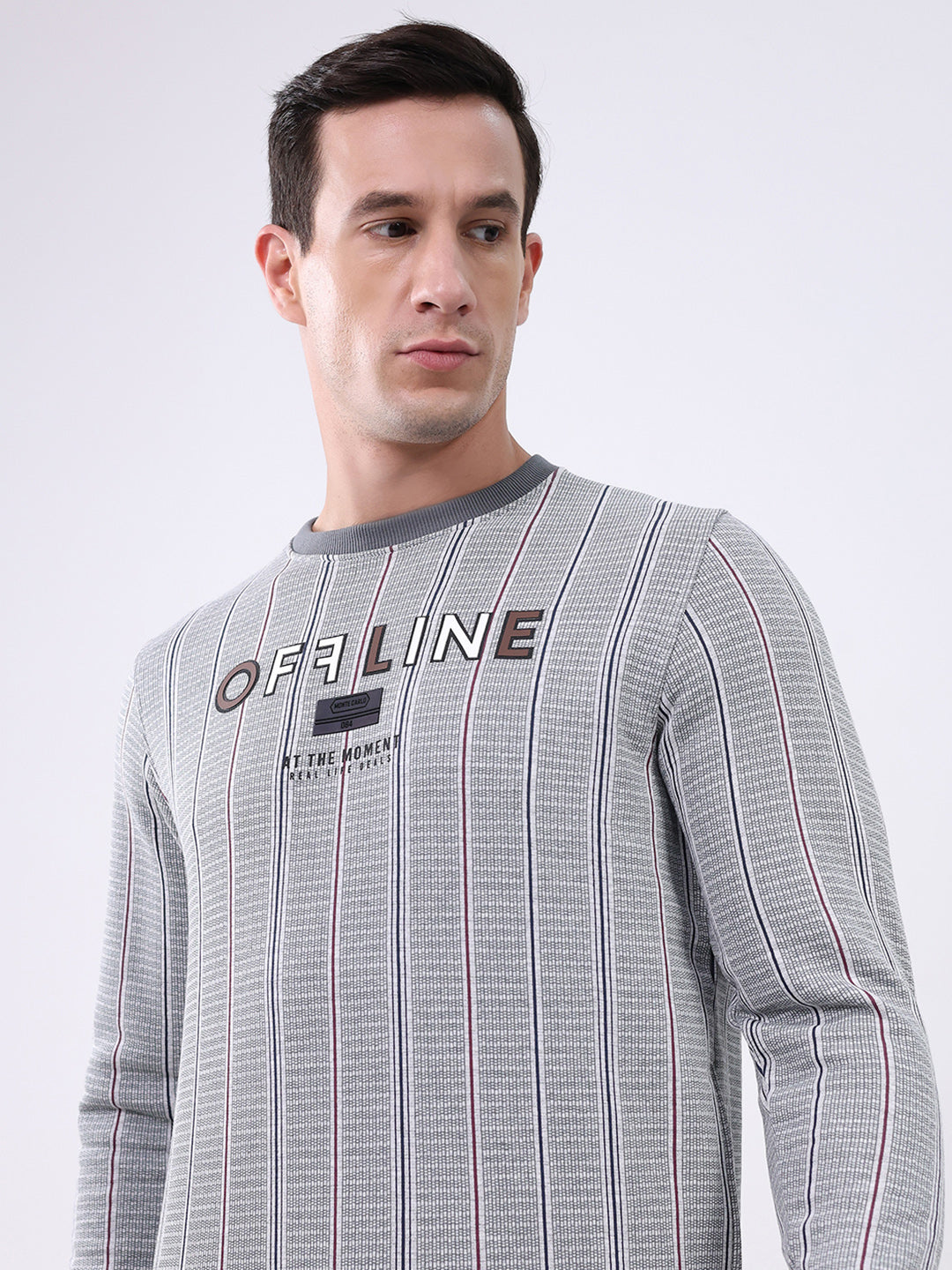 Men Grey Printed Round Neck Full Sleeve Sweatshirt
