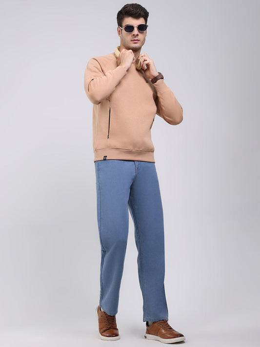Men Khaki Solid Round Neck Full Sleeve Sweatshirt