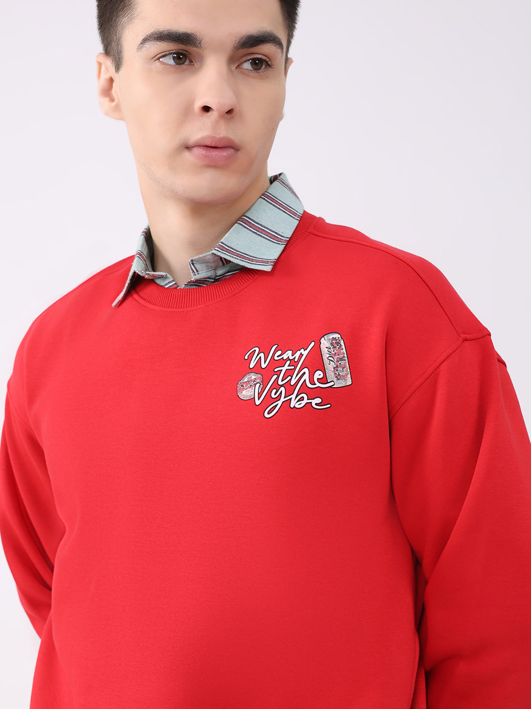 Men Red Printed Round Neck Full Sleeve Sweatshirt