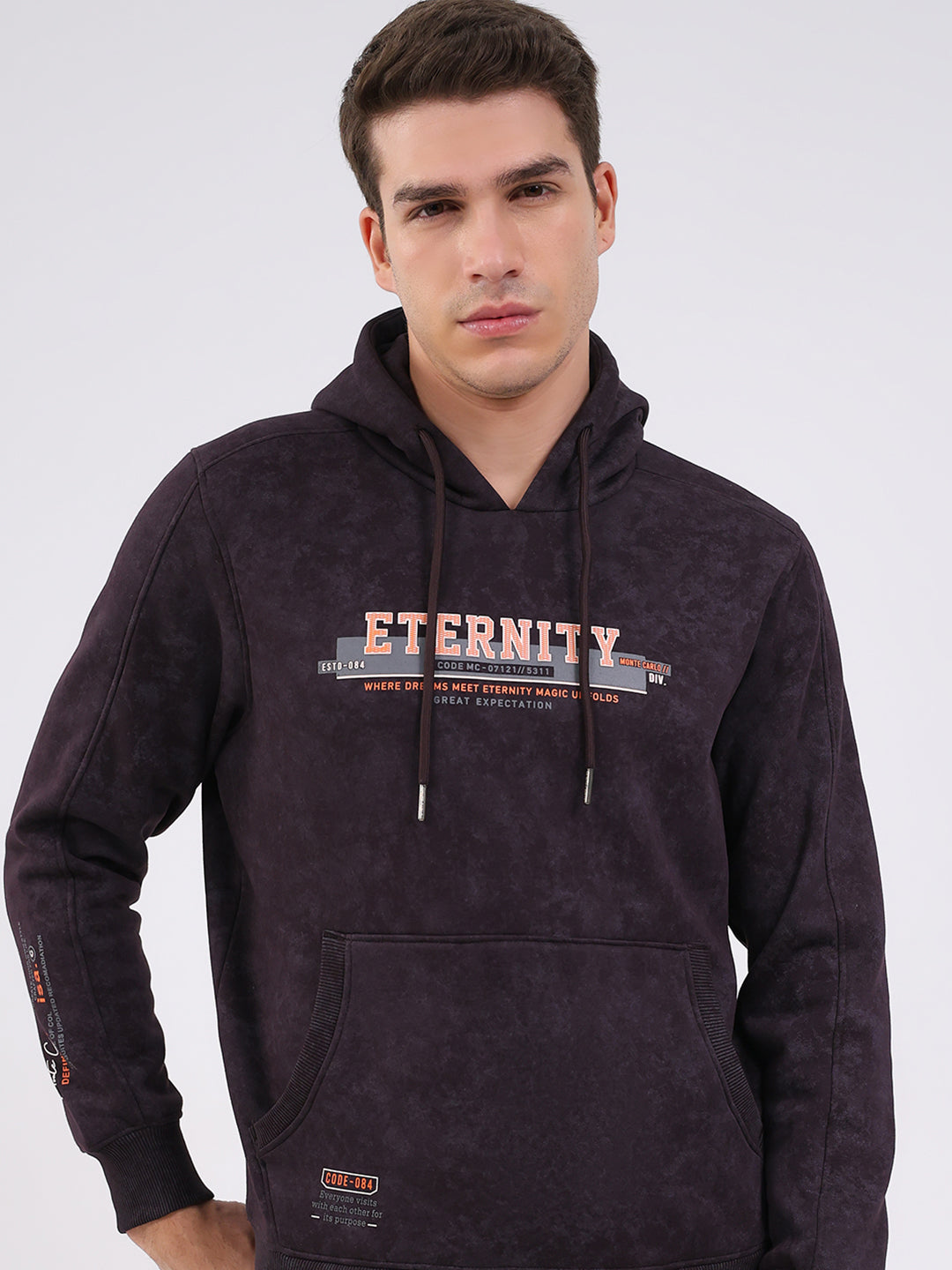Men Purple Printed Hooded Full Sleeve Sweatshirt