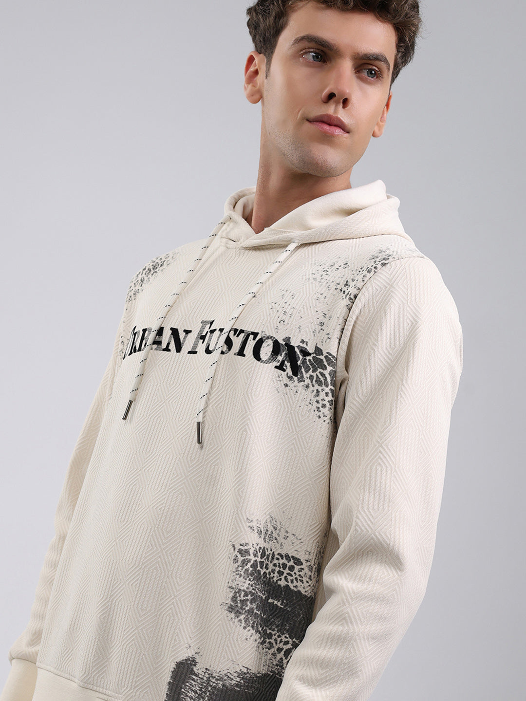 Men Off White Solid Hooded Full Sleeve Sweatshirt
