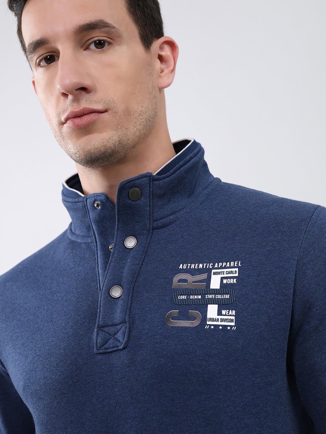Men Navy Blue Solid Mock Neck Full Sleeve Sweatshirt