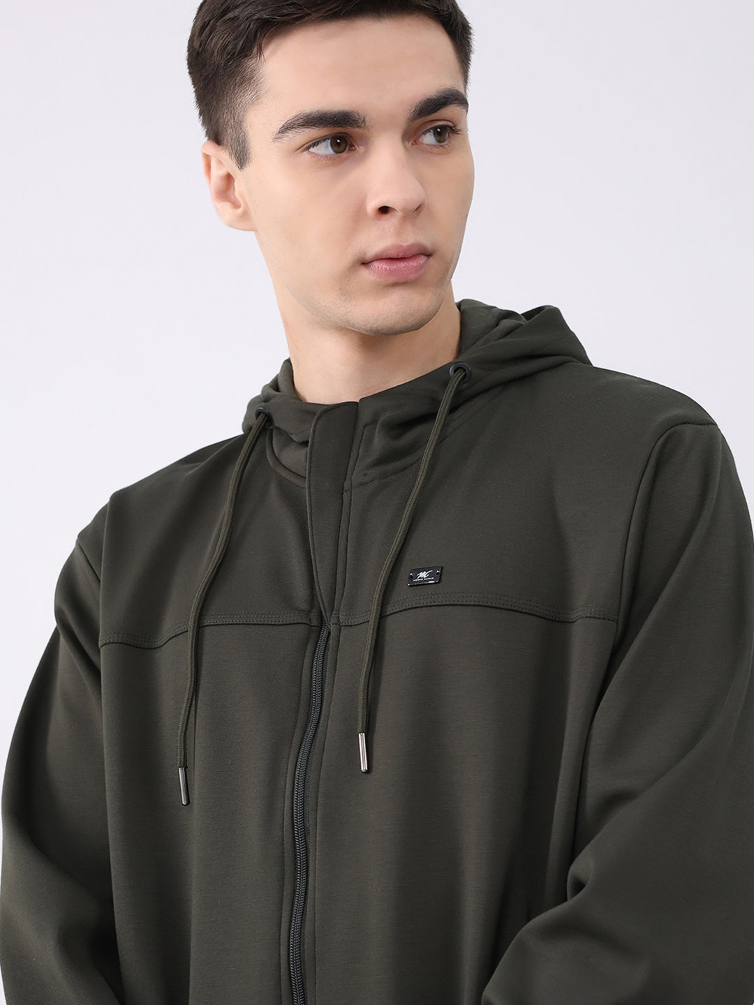 Men Olive Solid Hooded Full Sleeve Sweatshirt