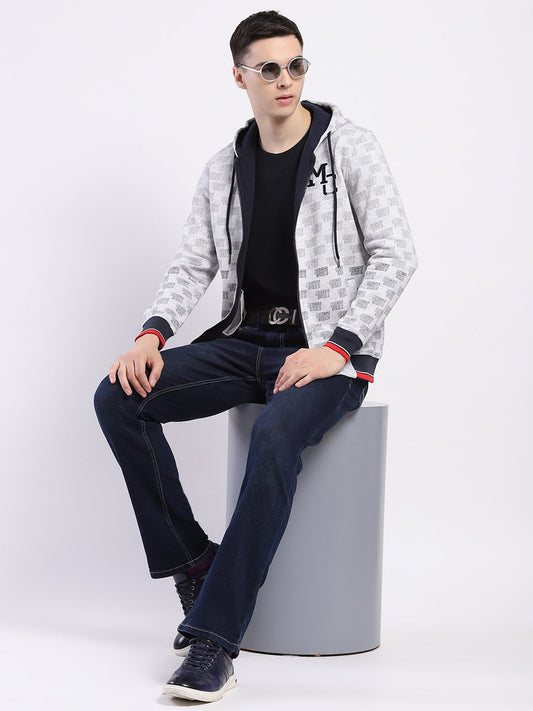 Men Grey Printed Hooded Full Sleeve Sweatshirt