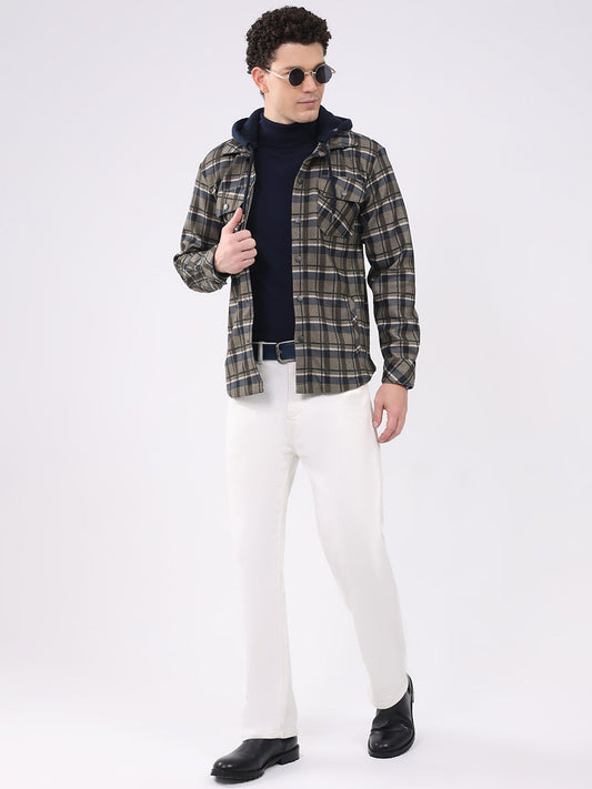 Men Olive Self Design Hooded Full Sleeve Sweatshirt