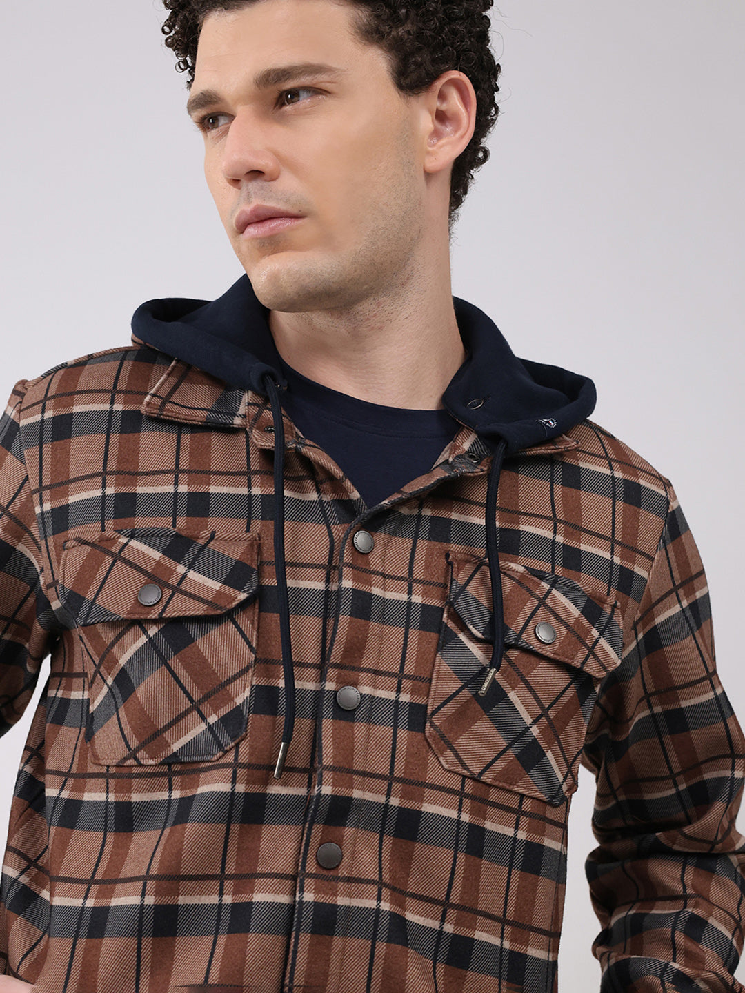 Men Brown Self Design Hooded Full Sleeve Sweatshirt