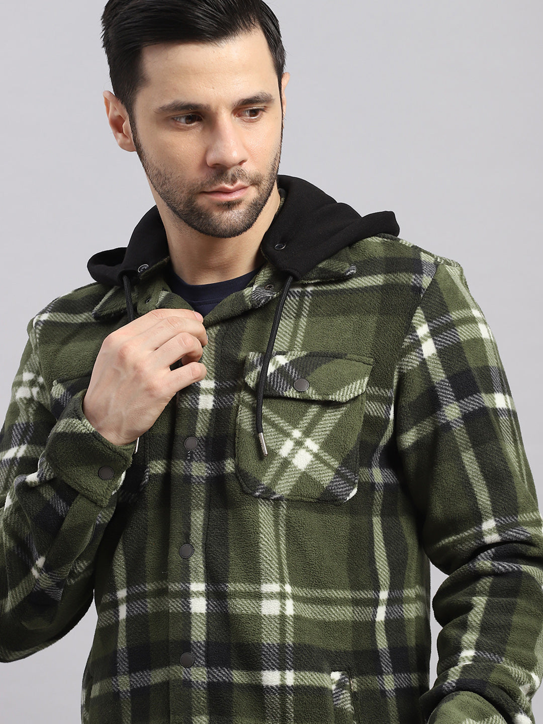 Men Green Self Design Hooded Extra-Warm Full Sleeve Shacket
