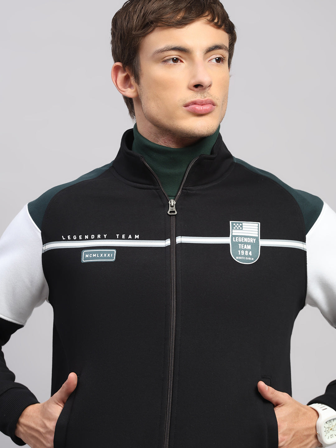 Men Black Printed Collar Full Sleeve Sweatshirt