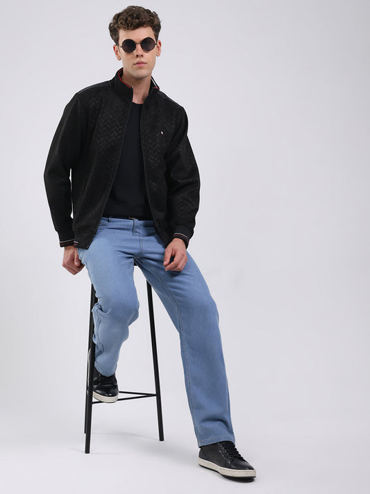 Men Black Self Design Full Sleeve Sweatshirt with Jacket Vibe