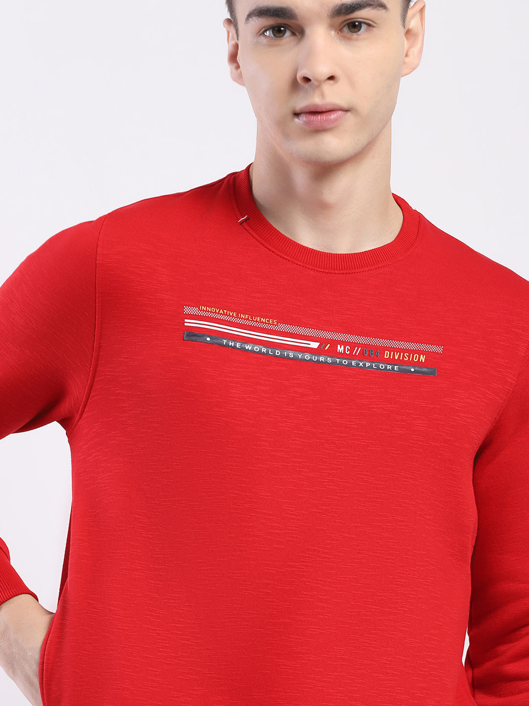 Men Red Solid Round Neck Full Sleeve Sweatshirt