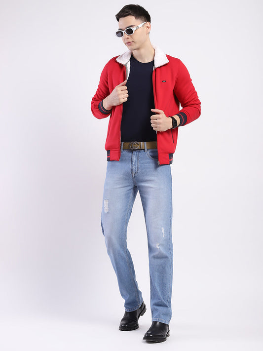 Men Red Solid Mock Neck Full Sleeve Sweatshirt