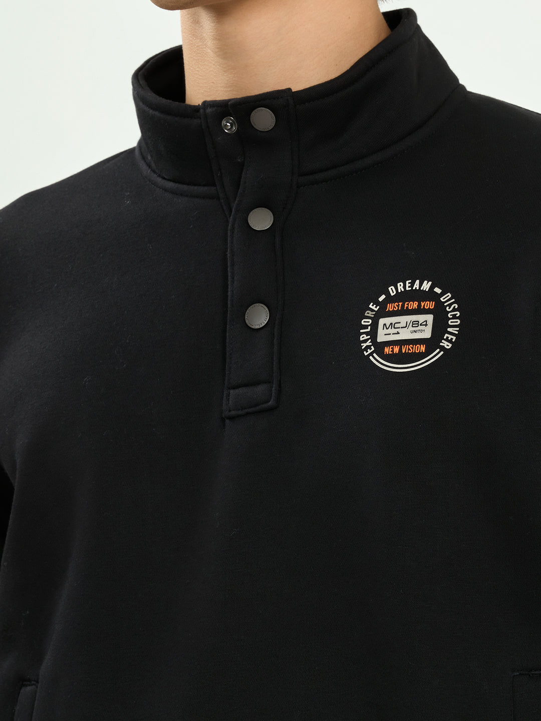 Men Black Solid Collar Full Sleeve Sweatshirt