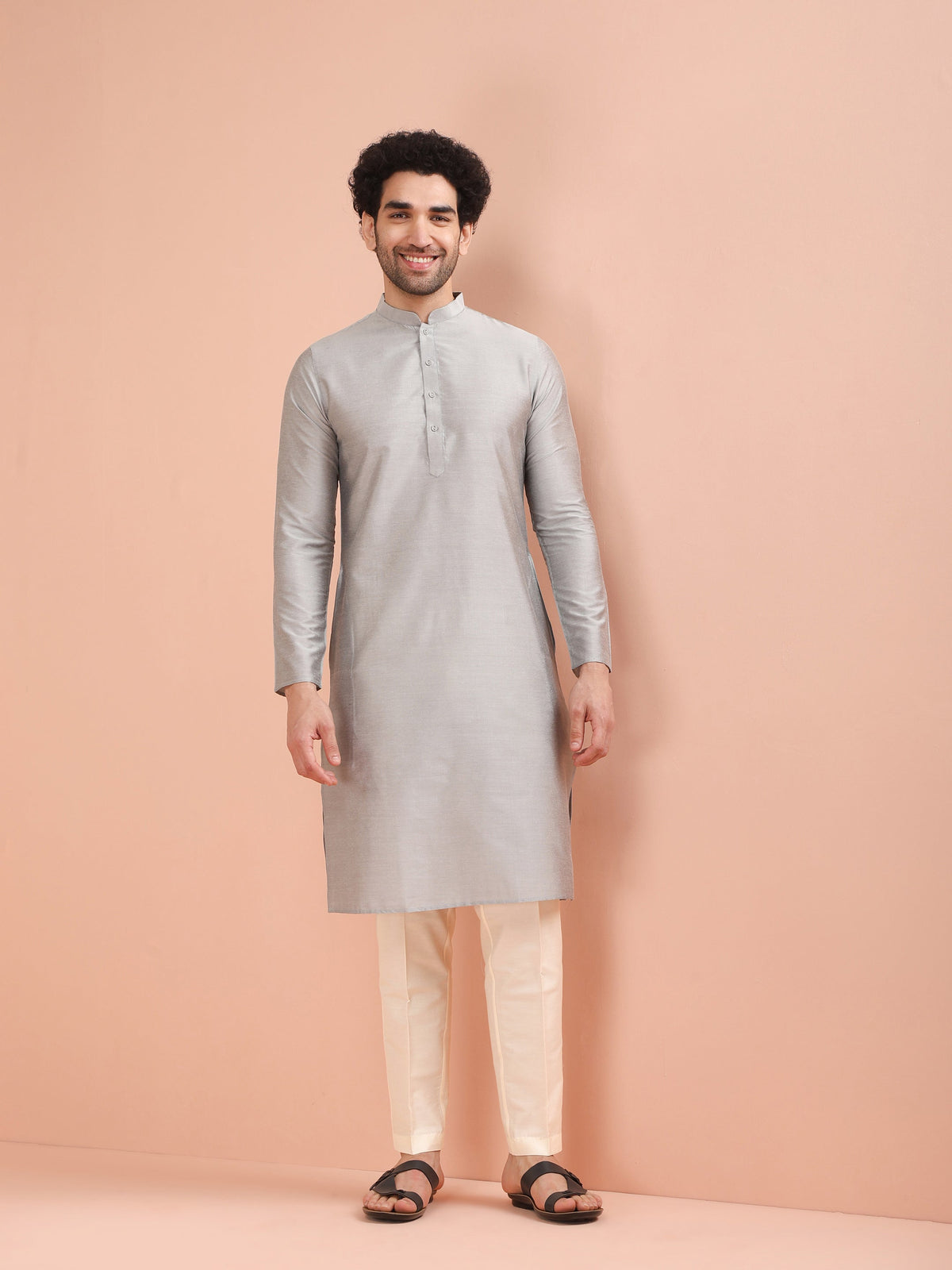 Men Grey Solid Kurta